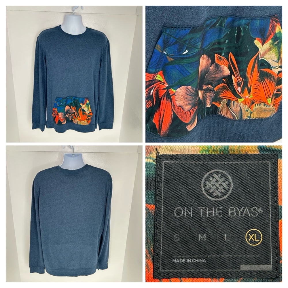 On The Byas Mens XL Long Sleeve Pullover Black‎ Floral Design Pocket Streetwear